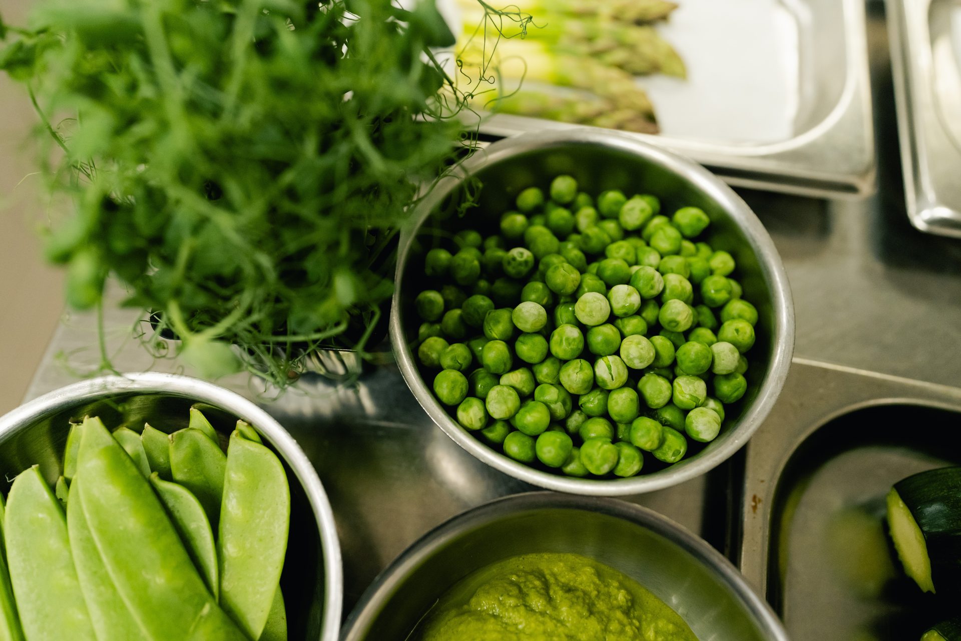 Fresh peas, pea shoots and greens in the Donatela kitchen